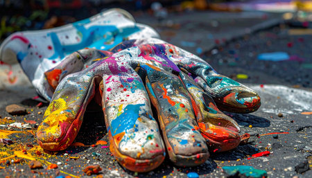 A discarded glove tells the story of a passionate painting session.の素材
