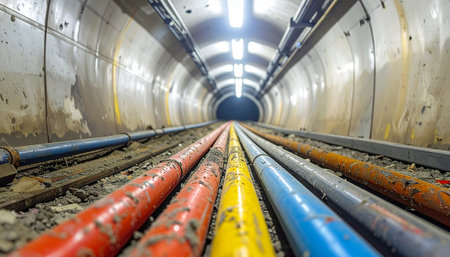 A low-angle view travels deep into an illuminated underground utility tunnel, where a complex network of colorful power and data cables forms the vital circulatory system of a modern city.の素材