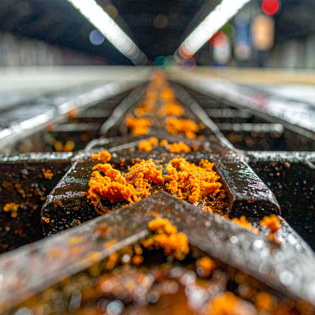 From a low-angle perspective, vibrant orange particles travel swiftly along an automated conveyor belt.の素材