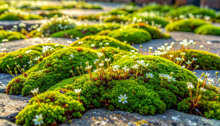 In the quiet crevices of an old stone path, a miniature world thrives. Lush, vibrant green moss creates soft mounds, from which delicate white flowers emerge, reaching for the gentle light.の素材