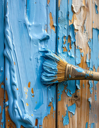 A thick layer of vibrant blue paint is applied with a loaded brush, bringing new life to a weathered wooden surface.の素材