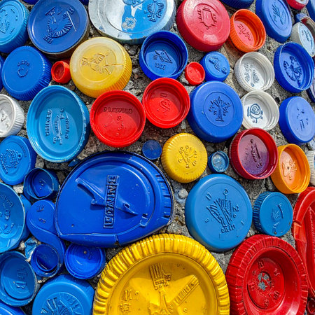 A vibrant mosaic created from a collection of colorful plastic bottle caps.の素材