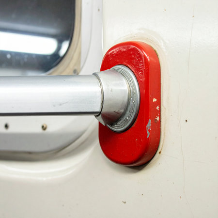 A detailed macro shot captures the robust red mounting bracket of a safety grab bar inside a public transport vehicle.の素材