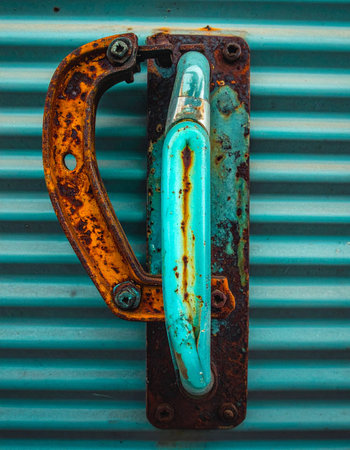 A close-up captures the story of time on an industrial latch.の素材