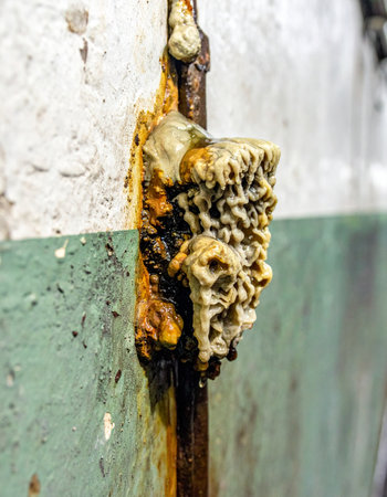 A close-up view captures the severe decay of an old industrial pipe, covered in thick layers of rust and mineral deposits.の素材