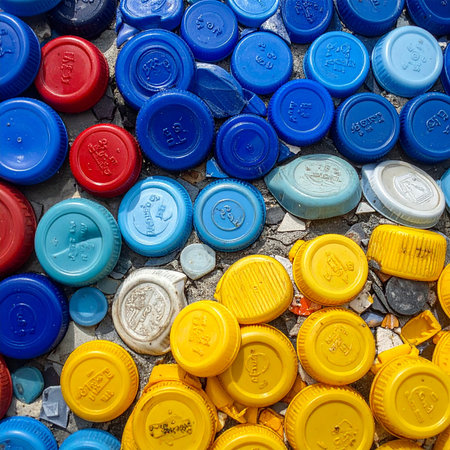 A vibrant, textured mosaic of discarded plastic bottle caps sorted by color.の素材