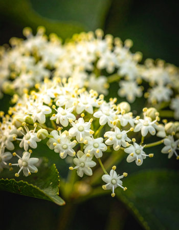 A delicate cluster of white elderflowers bathes in the warm, gentle glow of soft sunlight.の素材