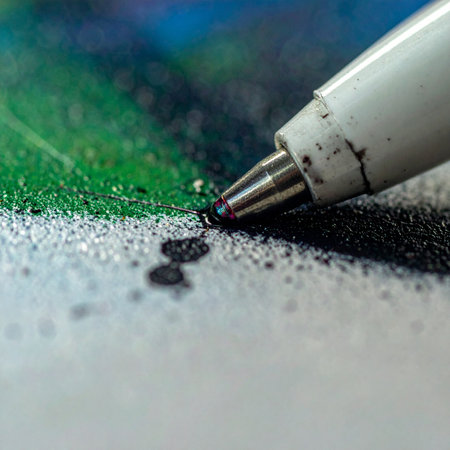 A macro perspective captures the precise moment of creation as the fine tip of a pen meets textured paper.の素材