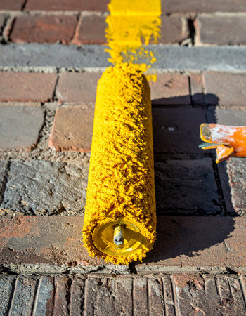 A close-up view captures the moment a paint roller applies a thick, vibrant yellow stripe onto a weathered brick surface.の素材