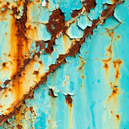 A close-up view captures the beautiful decay of time. Layers of cracked turquoise paint peel away to reveal a rich, orange patina of rust underneath.の素材