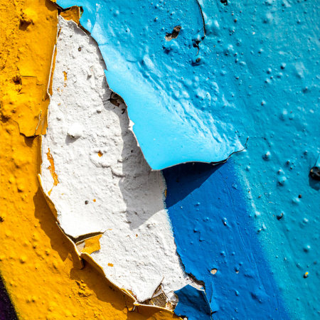 A macro view captures the vibrant decay of a city wall, where layers of bright blue and yellow paint crack and peel away.の素材