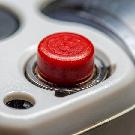 A macro shot captures the intense focus on a single red button, a symbol of a critical decision or an emergency action.の素材