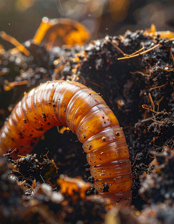A close-up, macro photograph captures a grub worm nestled in dark, rich soil.の素材