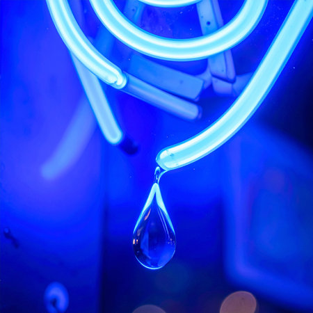 A single, perfect droplet of water clings to the edge of a vibrant blue neon tube, capturing and refracting the cool, electric light.の素材