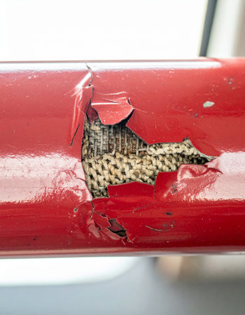 A close-up view captures the stark contrast between a vibrant red coating and the corroded metal it once protected.の素材