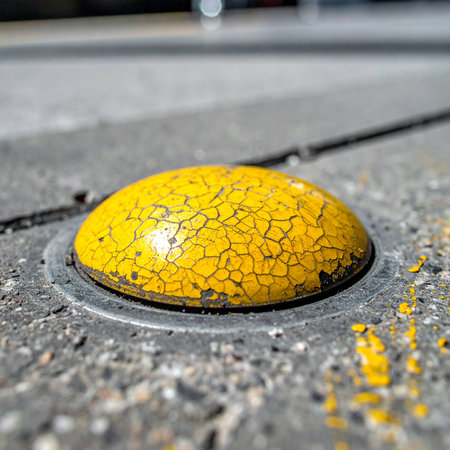 A close-up view captures the weathered texture of a yellow road stud, its cracked surface telling a story of countless vehicles and changing seasons.の素材