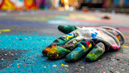 A lone, paint-splattered glove rests on the ground, a colorful testament to a recently completed artistic endeavor.の素材