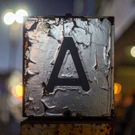 A close-up of the letter 'A' on a distressed, peeling metal block.の素材