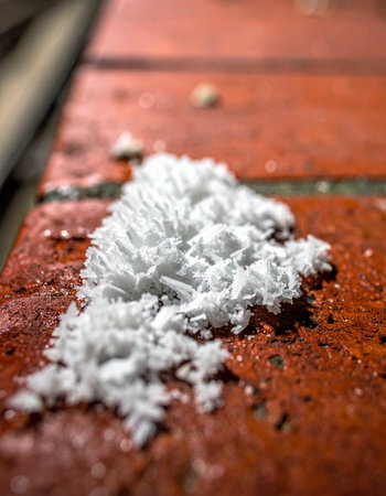 A detailed macro photograph captures the delicate, feathery structure of white efflorescence, as salt crystals emerge from a red brick surface due to moisture.の素材