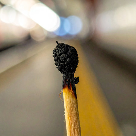 A macro shot captures the intricate, charred head of a single burnt matchstick.の素材