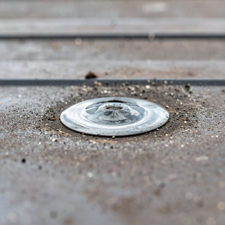 A detailed macro shot captures the precise engineering of a flat head metal rivet, securely fastened to a weathered steel surface.の素材