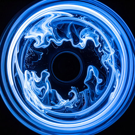 A luminous ring of blue and white energy swirls in a dynamic vortex against the void of a black background.の素材