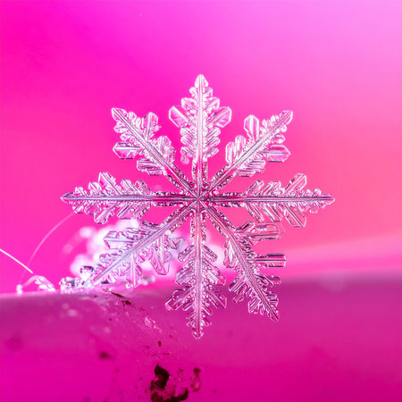 A stunning macro photograph captures the fleeting, perfect geometry of a single stellar dendrite snowflake.の素材