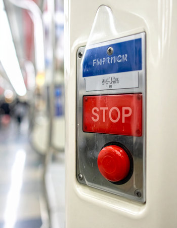 A close-up shot captures the bright red emergency stop button inside a moving train.の素材