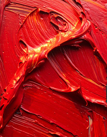 A macro view captures the raw energy of a single, passionate brushstroke. Thick, glossy red oil paint catches the light, revealing a dynamic landscape of texture and depth.の素材