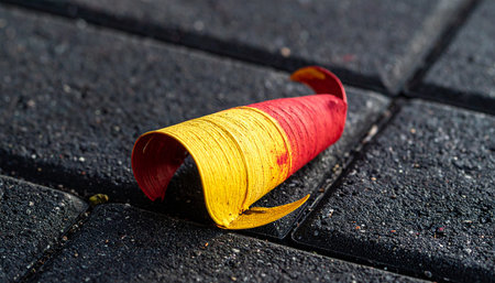 A single, curled leaf, painted in the vibrant hues of autumn red and yellow, rests on the dark, textured pavement.の素材