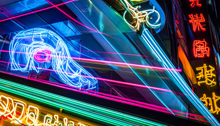 A dizzying blur of electric color and light captures the chaotic energy of a futuristic city at night.の素材