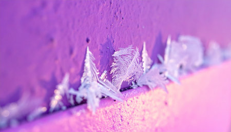 A macro view captures the delicate and sharp geometry of ice crystals forming along a surface.の素材