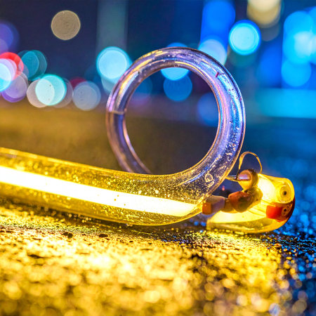 A single glowing party horn lies forgotten on the wet asphalt of a city street.の素材