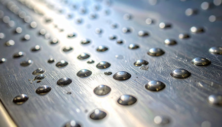A macro perspective captures the perfect spherical shape of water droplets resting on a cool, brushed metal surface.の素材