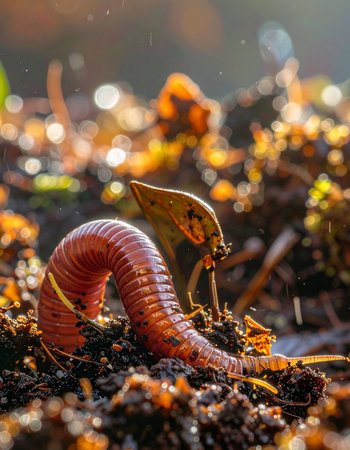 In the golden light of dawn, an earthworm emerges from the dark, fertile earth.の素材