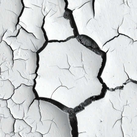 A macro view captures the intricate network of deep black cracks spreading across a brittle white surface.の素材