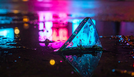 A mysterious glass pyramid rests on a wet city street, capturing the vibrant glow of neon lights in its facets and the dark puddle below.の素材