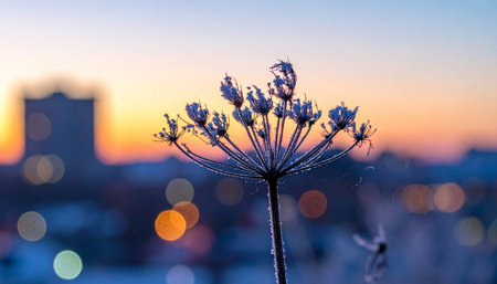 A delicate, frost-covered flower stands in quiet silhouette against the vibrant colors of a city sunrise.の素材