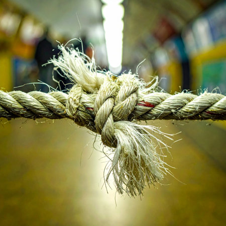 A close-up shot captures the immense pressure on a thick, weathered rope.の素材