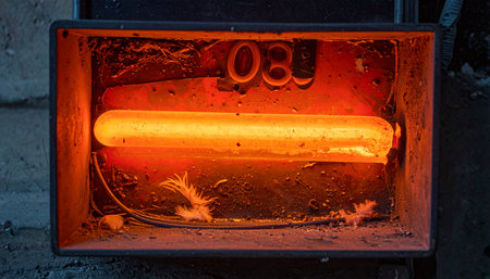 Inside the intense heat of an industrial furnace, a metal bar glows with incandescent energy.の素材