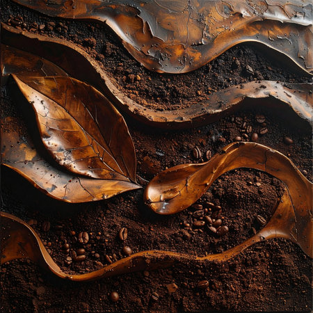A dynamic abstract composition where sculpted, flowing copper ribbons and metallic leaves rest upon a dark, richly textured bed of earth.の素材