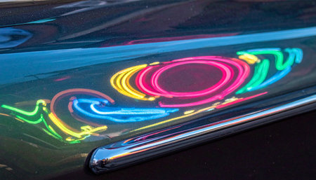 Swirls of vibrant neon light dance across a glossy, dark surface, creating a dynamic and futuristic abstract pattern.の素材