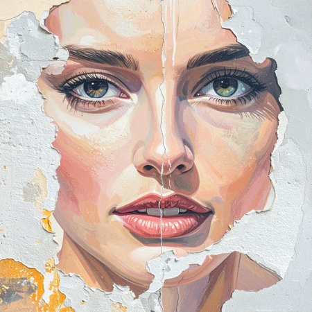 An expressive oil painting captures the intense gaze of a beautiful woman.の素材