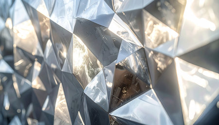 A dynamic, futuristic surface of interlocking metallic pyramids reflects light in a dazzling display.の素材