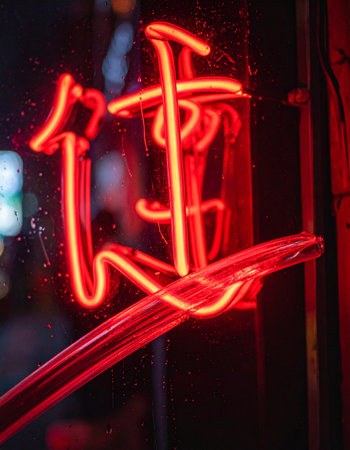 A vibrant red neon sign glows intensely through a rain-streaked window on a dark city night.の素材