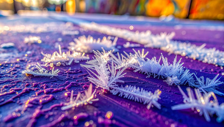 As the first rays of a winter sunrise touch the world, delicate ice crystals bloom across a vibrant purple surface.の素材