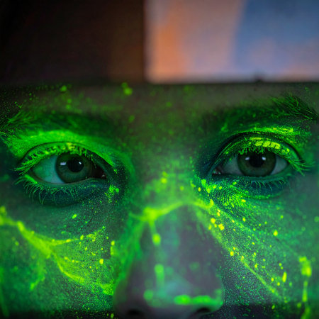 A close-up portrait captures an intense gaze from eyes illuminated by glowing green fluorescent splatters.の素材