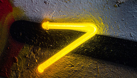 A vibrant yellow neon number seven glows intensely against a dark, gritty urban wall.の素材