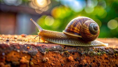 A detailed macro photograph captures a common garden snail making its slow, deliberate way across a textured brick surface.の素材