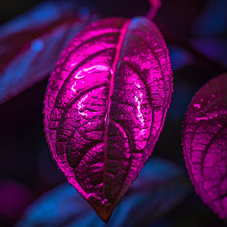 In a futuristic botanical lab, a single leaf glows with an otherworldly luminescence.の素材